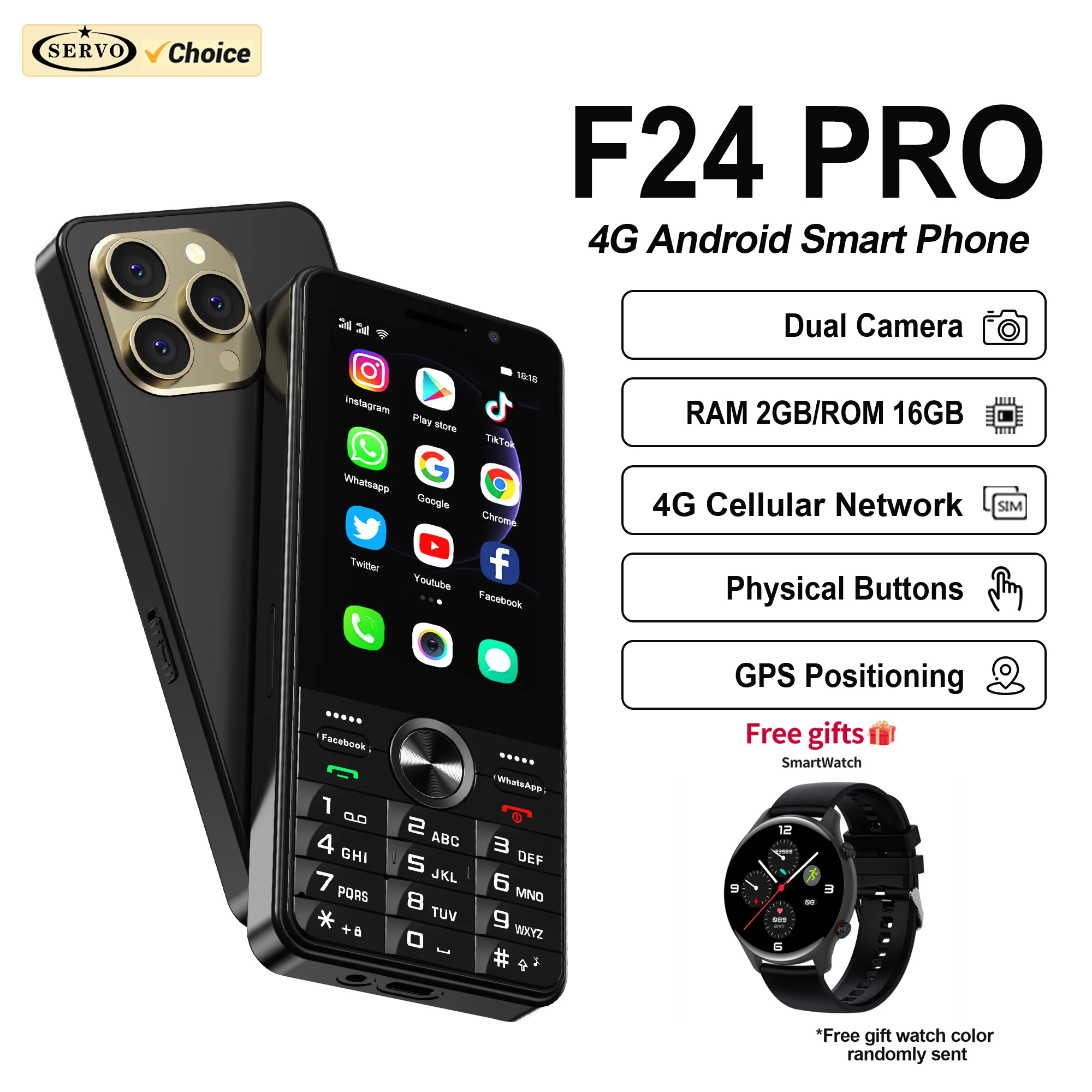 Free Smartwatch! SERVO F24 PRO Button Smart Phone Android System 4G Network 2GB+16GB Play Store Wifi 3.5