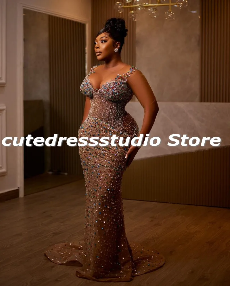 Luxury Crystal Evening Dresses For Women Beading Scoop Mermaid Prom Gowns Long Sleeves Aso Ebi Wedding Reception Party Dress