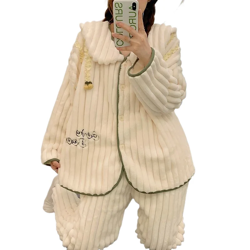 بيجامة نسائية من الصوف المرجاني من الفلانيل للتدفئة في الخريف والشتاء ملابس نوم موديل جديد بدلة سميكة مبطنة بحروف من الصوف ملابس منزلية ﻿