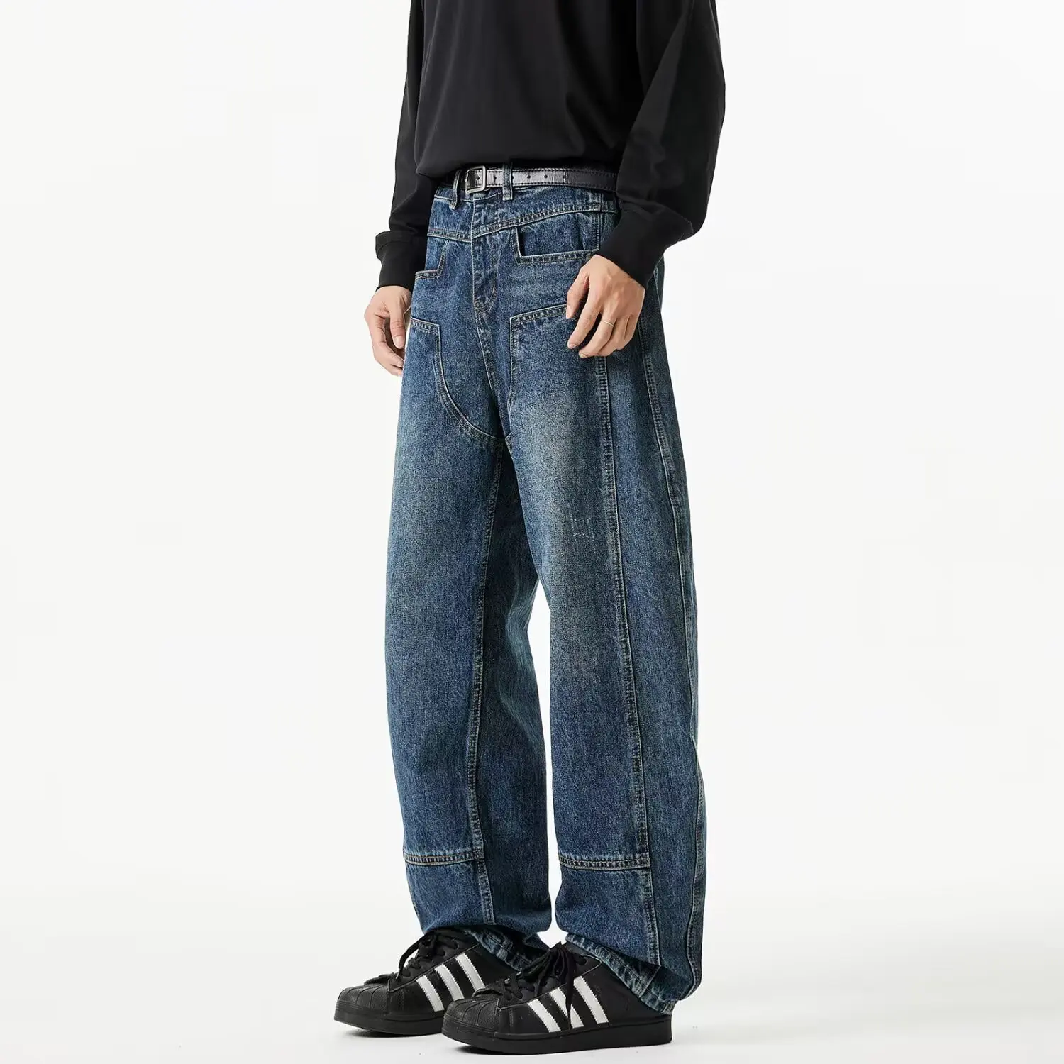 

American Style Heavyweight Retro Patchwork Workwear Jeans Men's Trendy Loose Straight Leg Knife Pants Spring Autumn Long Trou...