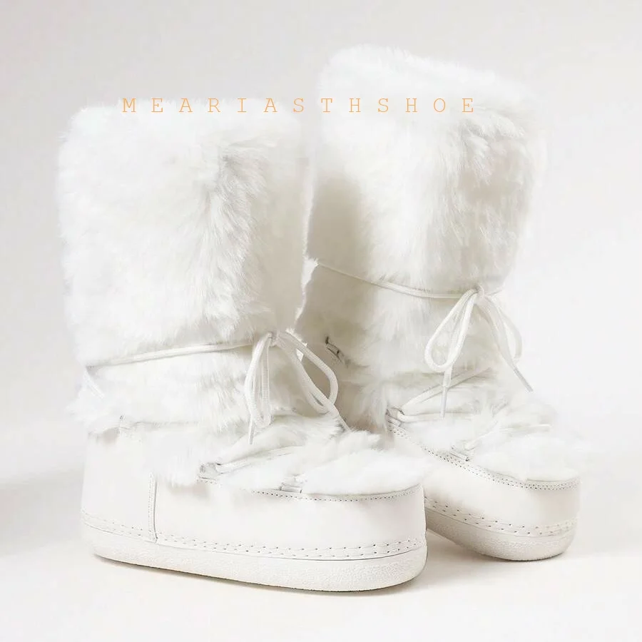 White pink Winter Boots Women Snow Boots Mid-calf Cold-proof Antiskid Thicken Cotton Thick Platform Space Ski Boots Size 35-42
