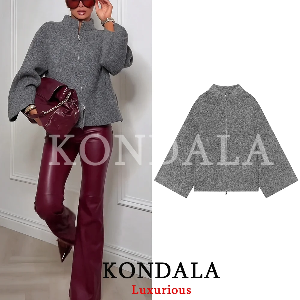 KONDALA High Street Casual Chic Women Knitted Coat O-Neck Zipper Long Sleeve Loose Coat Fashion 2026 Autumn Winter Gray Cardigan