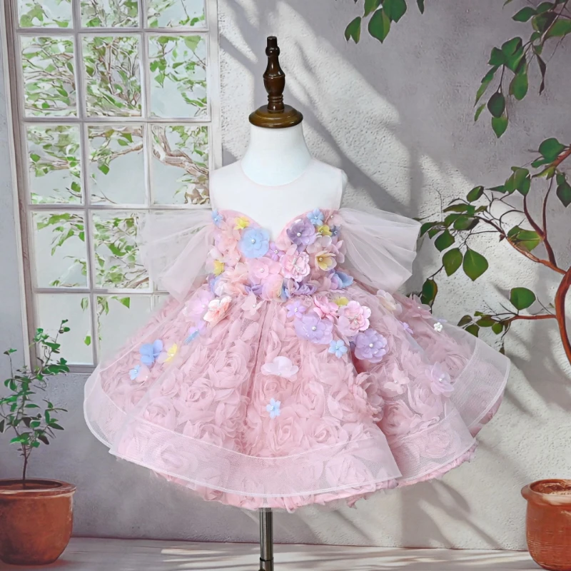 

Children Girls Formal Dress French Floral Birthday Flower Girl Princess Gown Tutu Vestido Little Host Runway Piano Performance