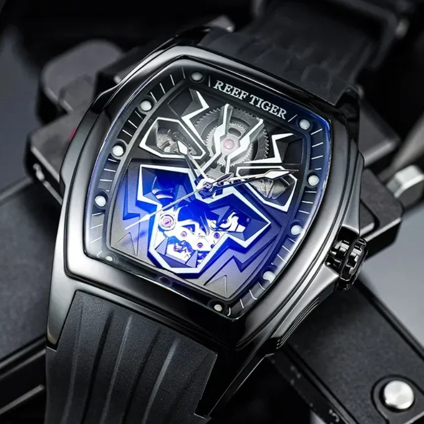 Reef Tiger-Reloj Automático para hombre, reloj de pulsera mecánico Tonneau de 42,3mm, resistente al agua hasta 50M, esfera con mecanismo al descubierto conmino