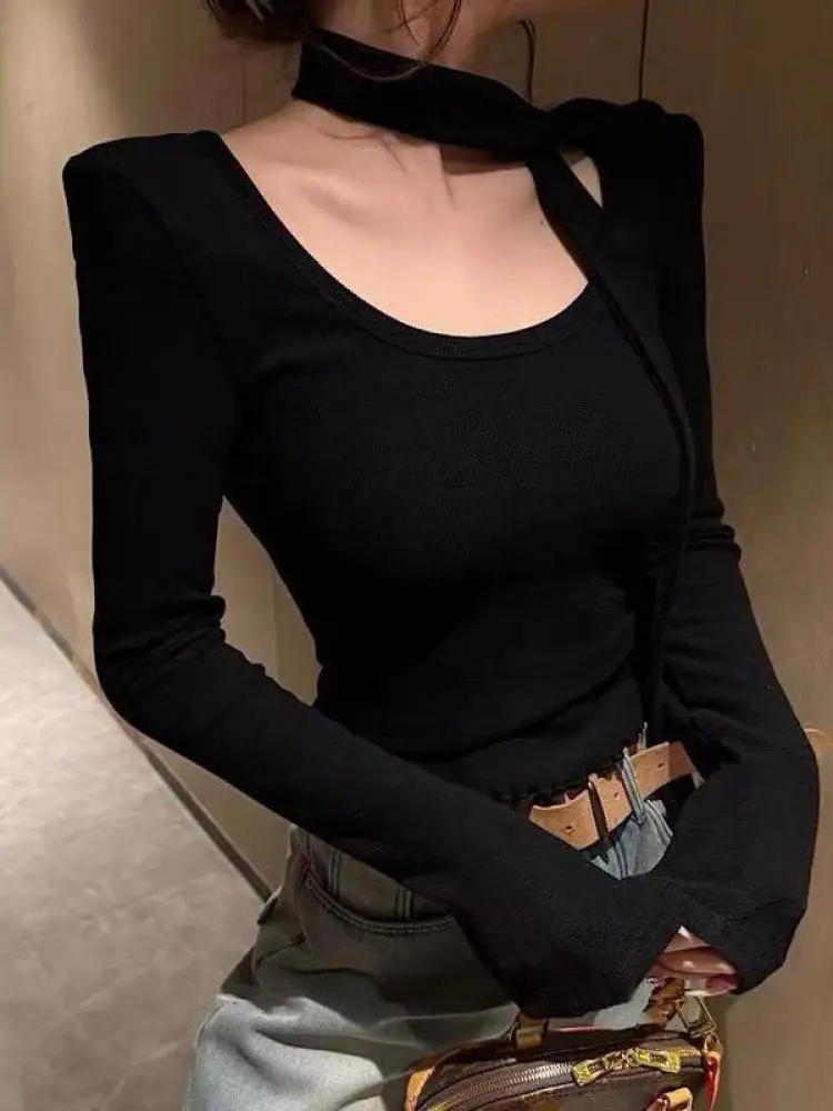 

Korean Fashion Autumn Winter Solid Versatile Short Knit Sweater Women's Casual Simple Round Neck Long Sleeve Slim Pullover Tops