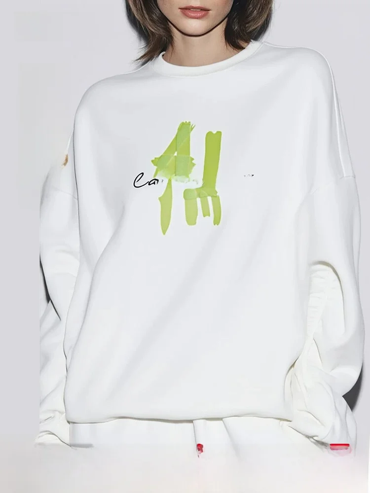 

Casual round Neck Oversized Sweatshirt Women's Top Brushed Fleece Embroidered Printed Street Style Long Sleeve Cotton Polyester