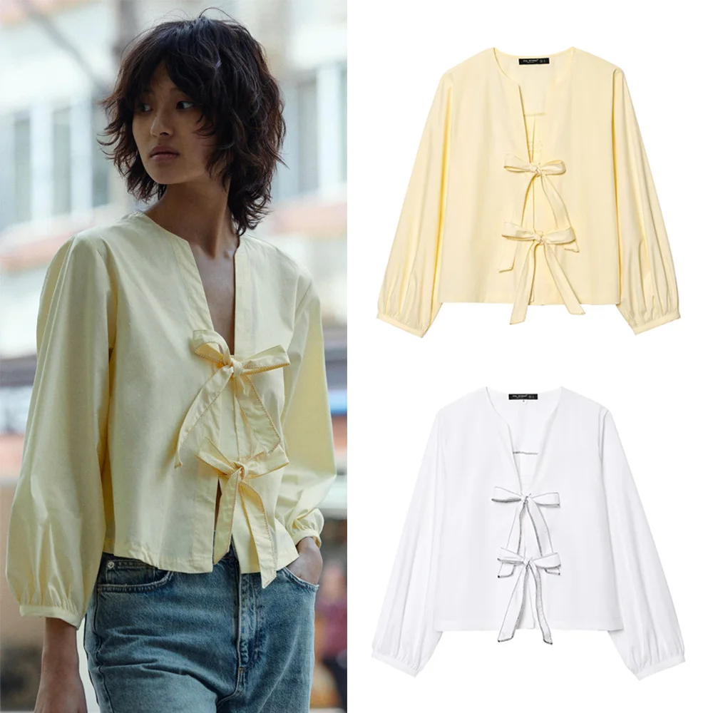 

Women 2025 Summer Yellow Shirt Loose Blouse With Bells Loose Casual V- Neck Long Sleeve Shirt Elegant Chiffon Chic Tops