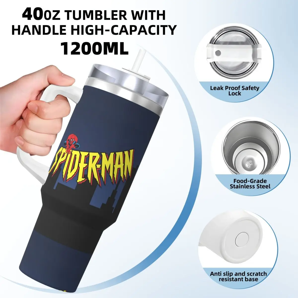 Stainless Steel Tumbler Spider Man 90's Animated Series Title Screen Car Mugs With Straws Cold Water Bottle 40oz Thermal Mug