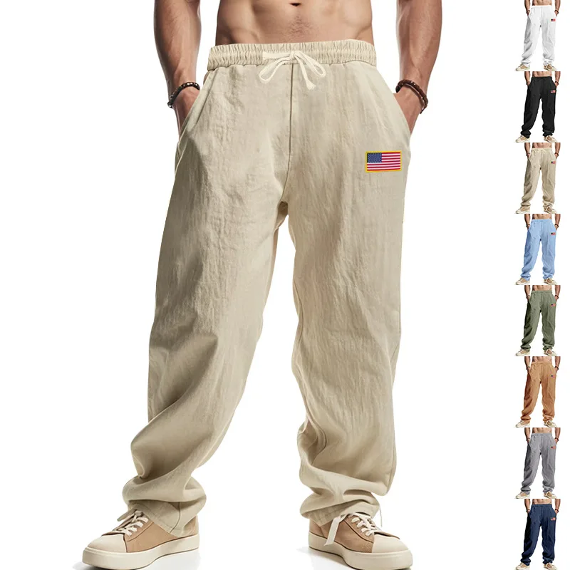 

Мужские повседневные льняные брюки Four Seasons 2026: Американский хип-хоп, широкие штанины, ко Дню независимости
