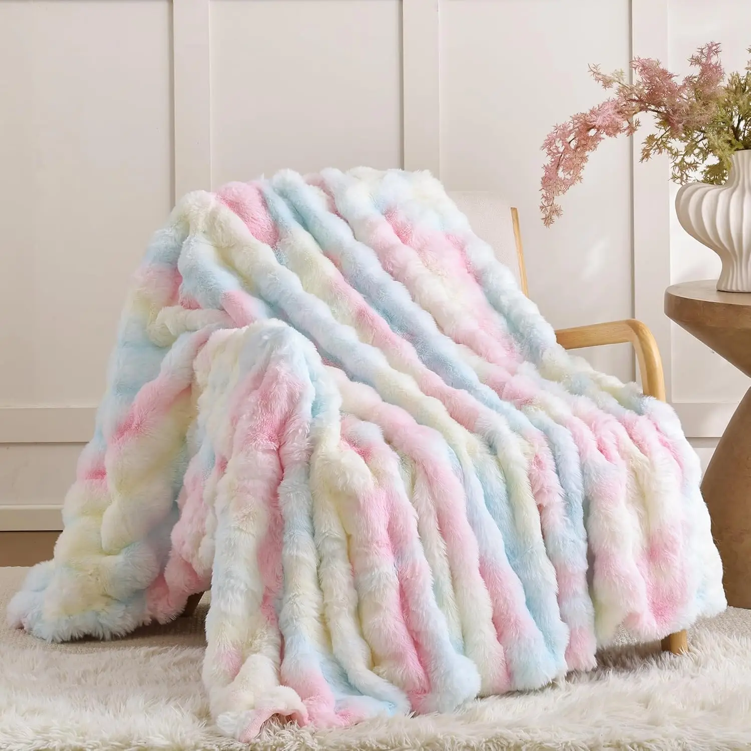 

Faux Fur Throw Blanket for Couch – Rainbow Fluffy Cozy Rabbit Fleece, Plush Soft Bubble Blanket for Sofa & Bed Throw 50" x 60"