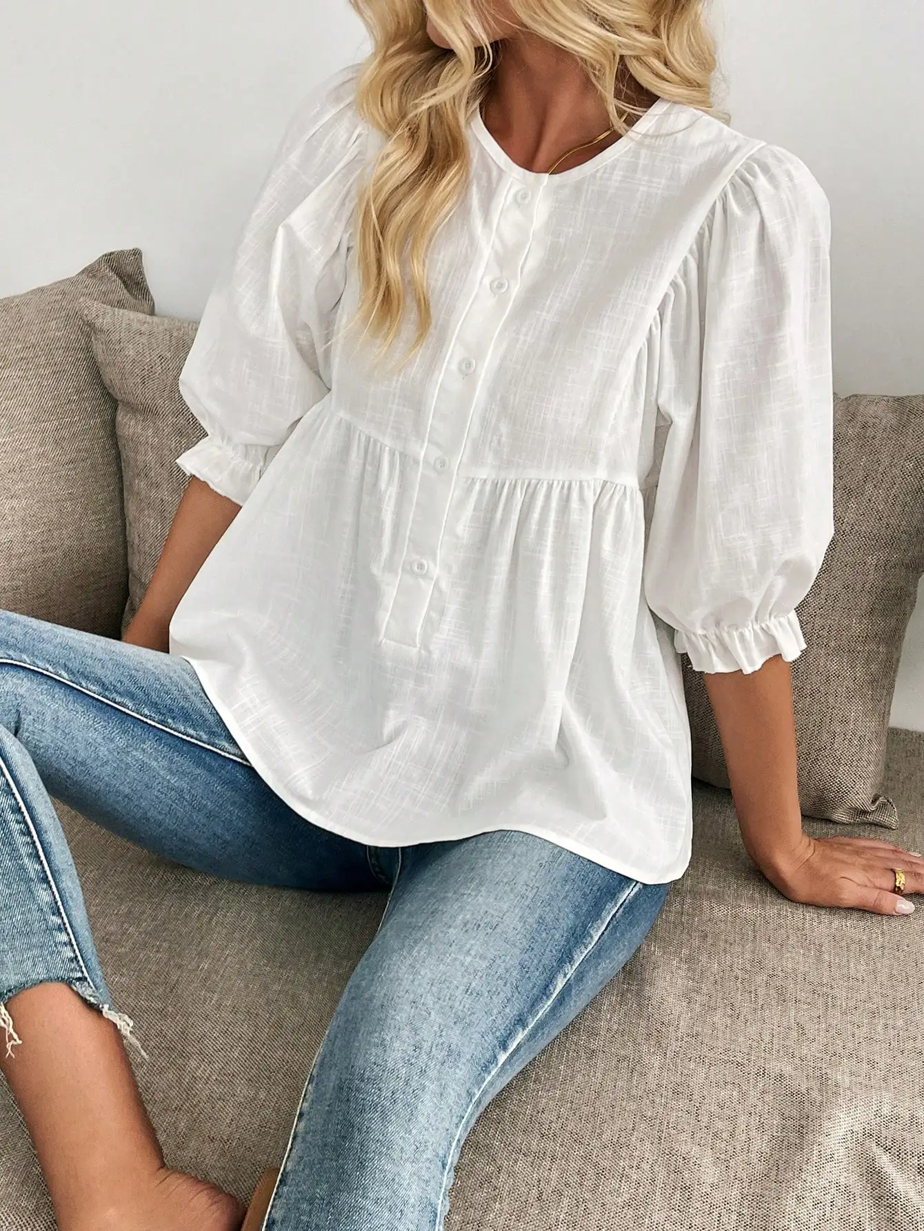 

White Women's Puff Sleeve Button Down Blouse with Ruffle Hem, Casual Summer Top