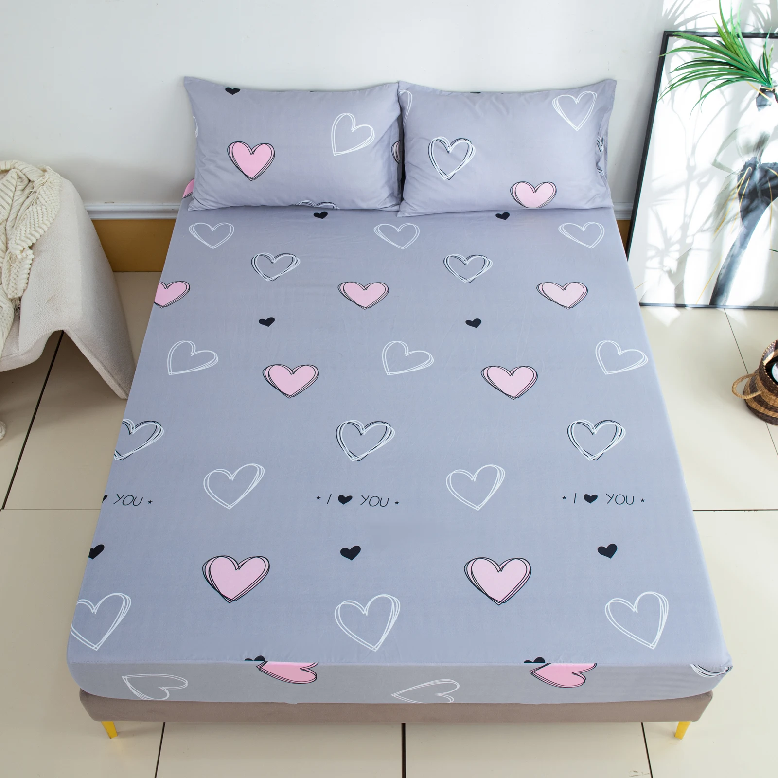Active Printed Fitted Sheet, 1 Piece, Heart-Patterned Mattress Cover (Pillow Insert and Pillowcase Not Included), Simple Style Polyester Fiber Rectangular 3D Dirt-Resistant Mattress Protector, Polyester Five-Sided Patterned Fitted Sheet, Deep Pocket Mattress Protector Suitable for Bedroom, Dormitory, Guest Room, Homestay, All-Season Use, Machine Washable