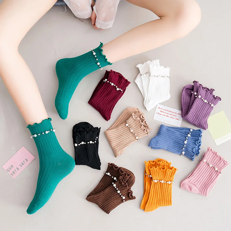 Socks Women's Mid-calf Japanese Style Sweet Pearl Rivets Vertical Strip Women's Socks Solid Color Fungus Lace Pile Socks