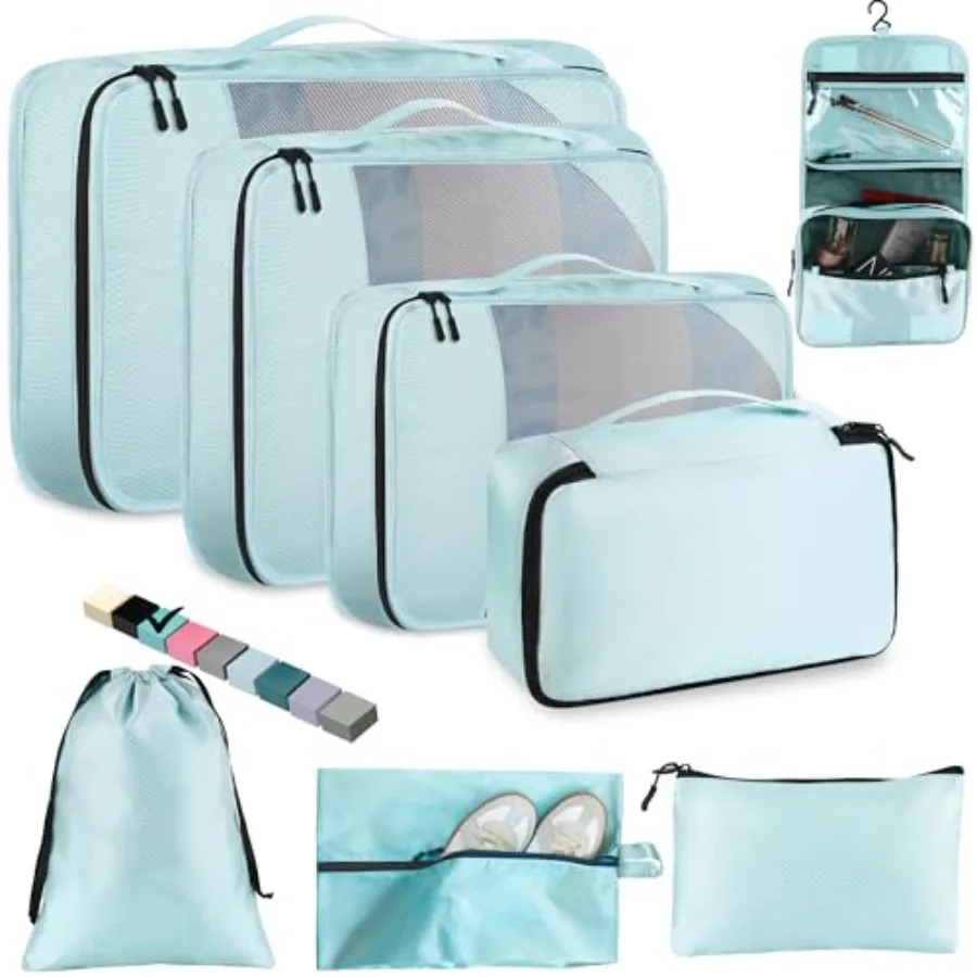 

8-Piece Packing Cubes for Travel 2026 Upgraded Durable Zippers Reinforced Mesh Complete Luggage Organizer Set with Shoe Toiletr
