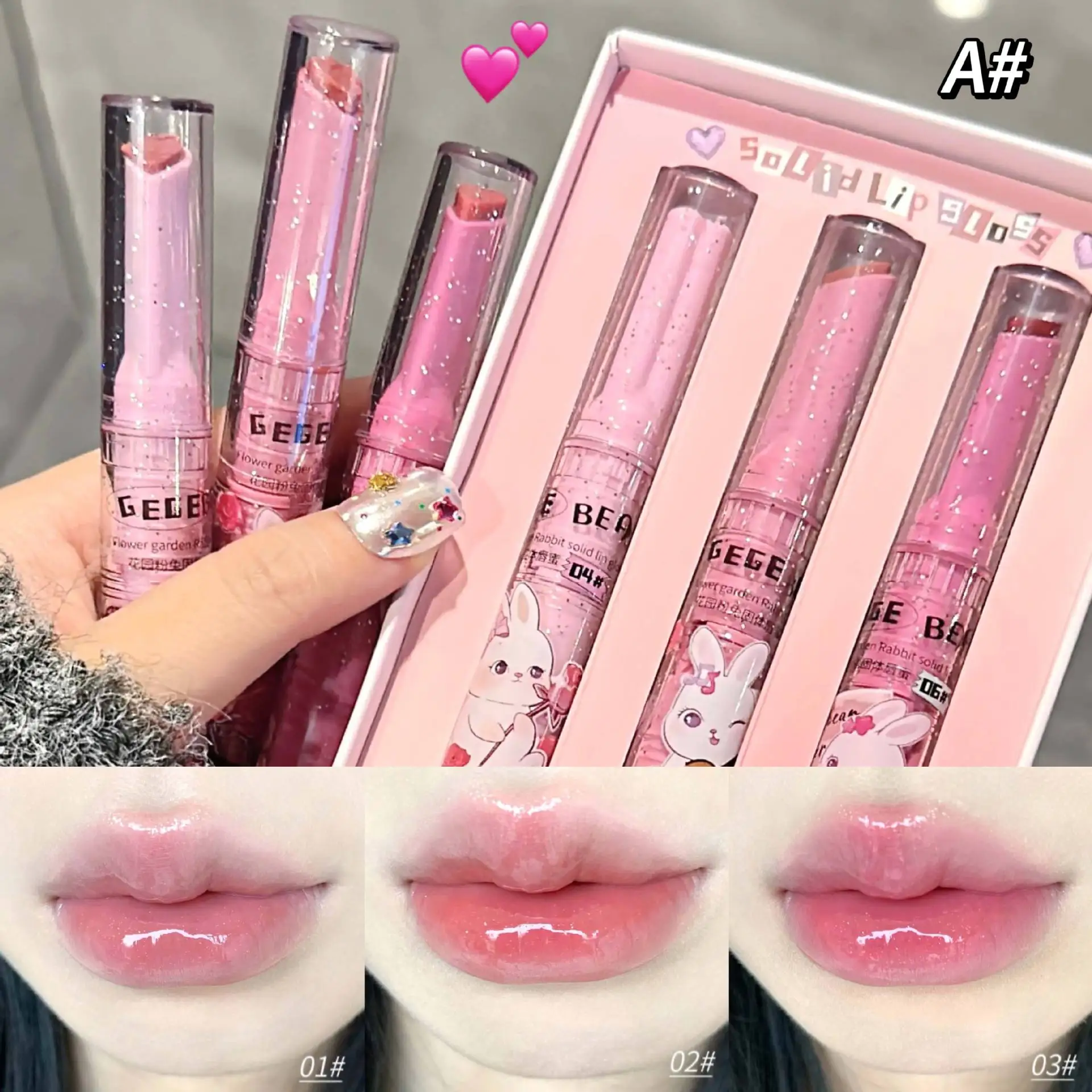 Gege Bär Garten rosa Kaninchen festen Lip gloss Set lang anhaltende feuchtigkeit spendende wässrige farbige Lippen balsam koreanische Lippen tönung Make-up