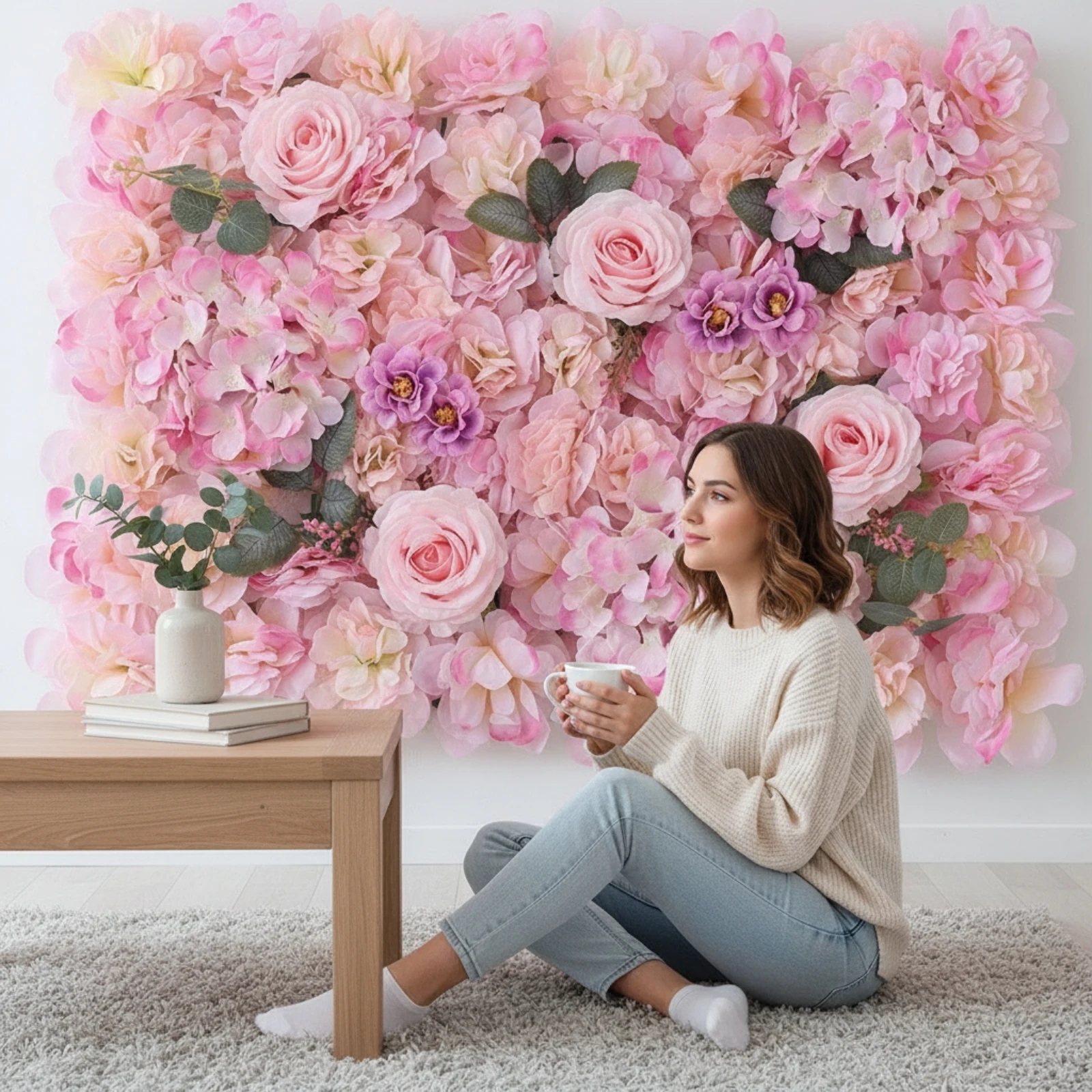 Flower Wall Panel with Rose Accents Layered Artificial Flower Wall Panel Indoor Realistic for Brides, Wedding, Photography