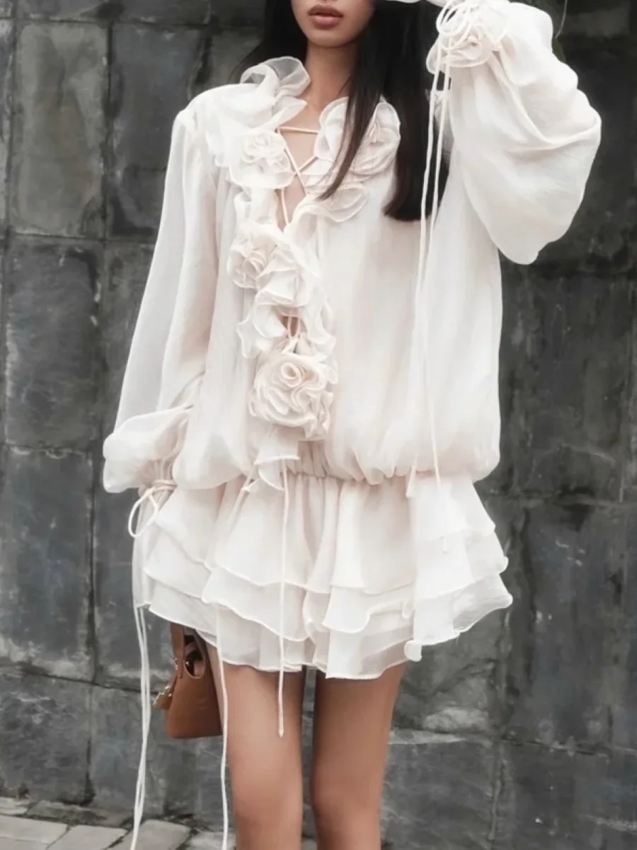 

Women Ruffles Layered Holiday Dress 3D Flower Decoration V-Neck Lantern Sleeve Fashion Ladies Mini Robe