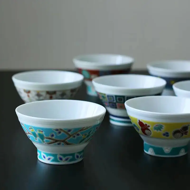 Authentic Japanese Imported Kutani Ware Painted Conical Japanese-Style Ceramic Small With Overglaze Painting Rice Soup Bowl