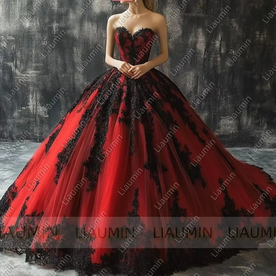 

Красный тюль, черный кружевной аппликация, шнуровка сзади, без бретелек, полная длина, вечерние свадебные вечерние платья для выпускного вечера, индивидуальный заказ W19.16.4