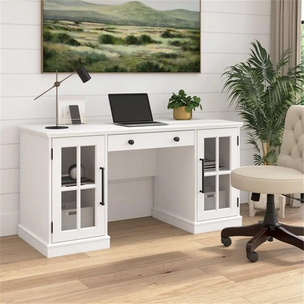 Westbrook 60W Computer Desk With Storage And Keyboard Tray In White Ash | Farmhouse Desk For Home Office Workspace