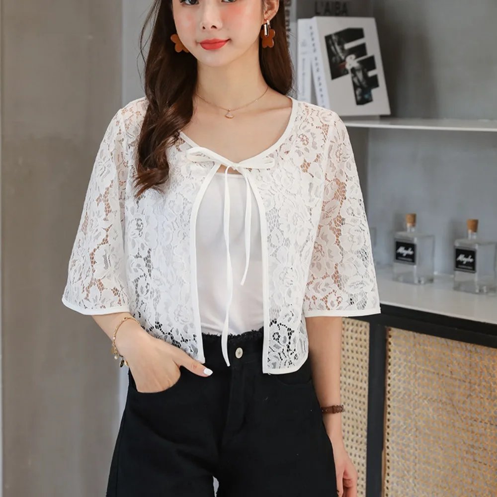 Flower Mesh Small Shawl Jacket Lace Up Hollow Lace Cardigan Shirt Sunscreen Clothing Transparent Sun Protection Cardigan Tops