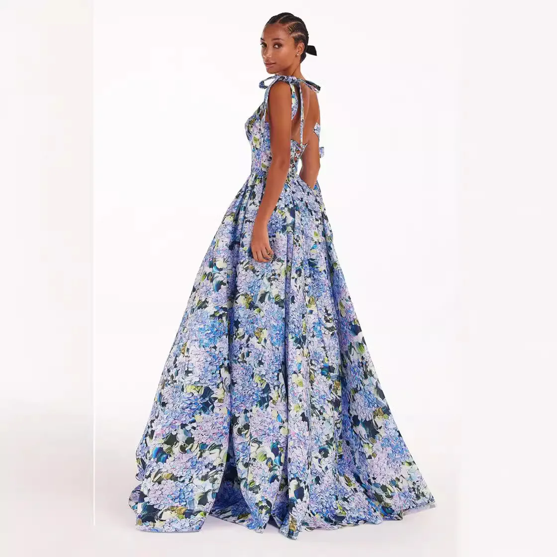 Frauen Floral Print Saum Maxi Abend Prom Kleid Quadrat Kragen Spitze-up Sling Langes Kleid Sommer Backless Hohl Boho kleid Mujer