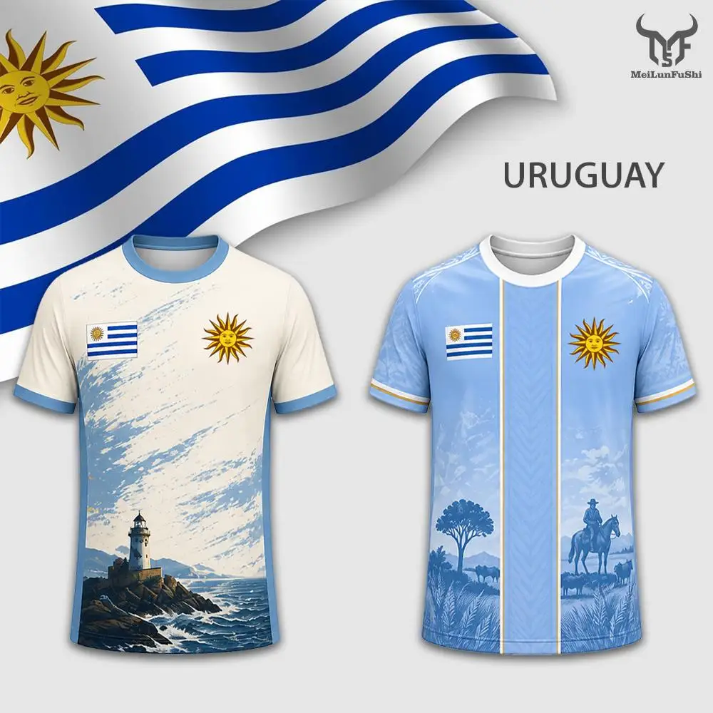 Camiseta de Fútbol con Gráfico de la Bandera de Uruguay, Estampado Gaucho y Faro, Unisex, Informal, Deportiva, para Gimnasio, Entrenamiento, Transpirable, Cuello Redondo