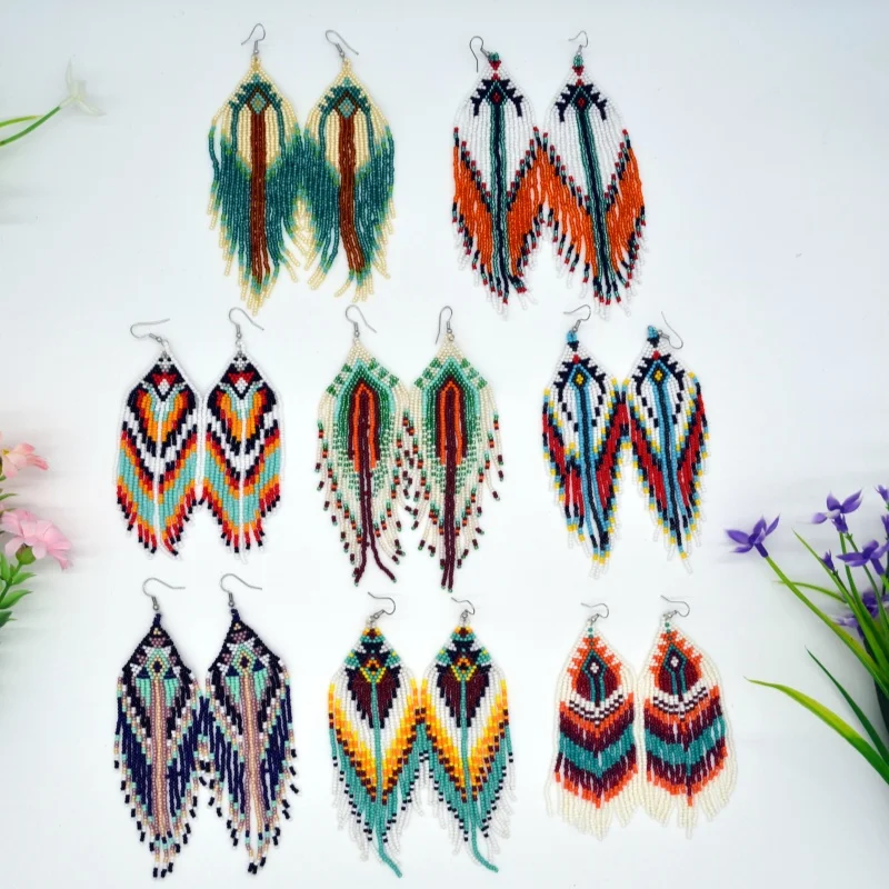 Rice bead earrings Tassel Originality Gradient Geometry Design Hand knitting Bohemia Alloy Fashion Simple Beaded earrings