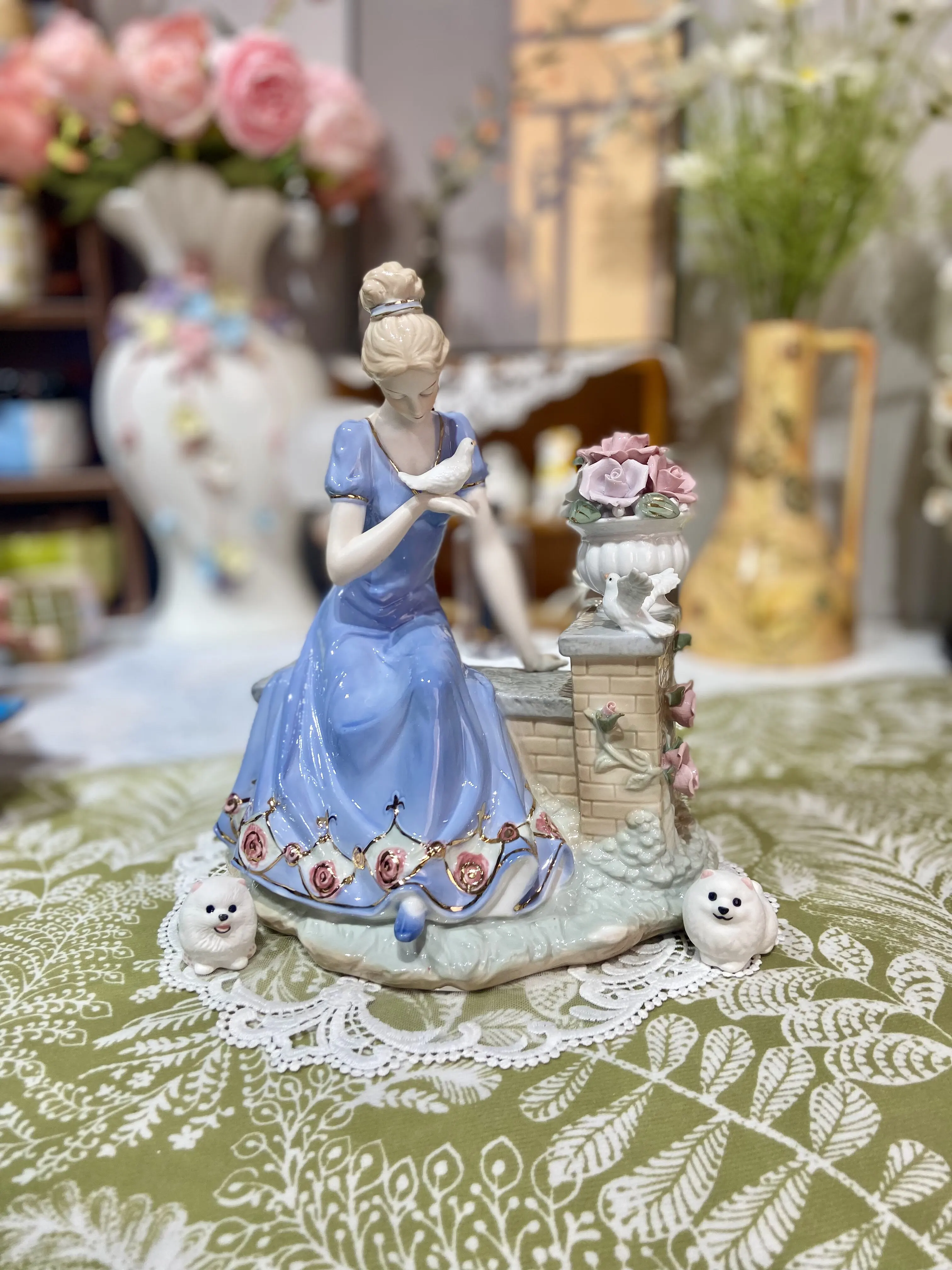 Vintage Porcelain Lady Figurine with White Dove & Flower Vase Elegant Sitting Girl Ceramic Statue Home Living Room Decoration view 2