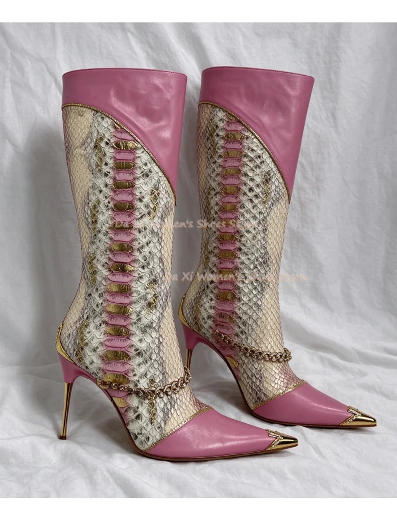 Pink Snakeskin-Effect Leather Paired With Gold Mosaic Rhinestone Chain Luxury Women's Color-Block Knee-High Boots Pointed-Toe St