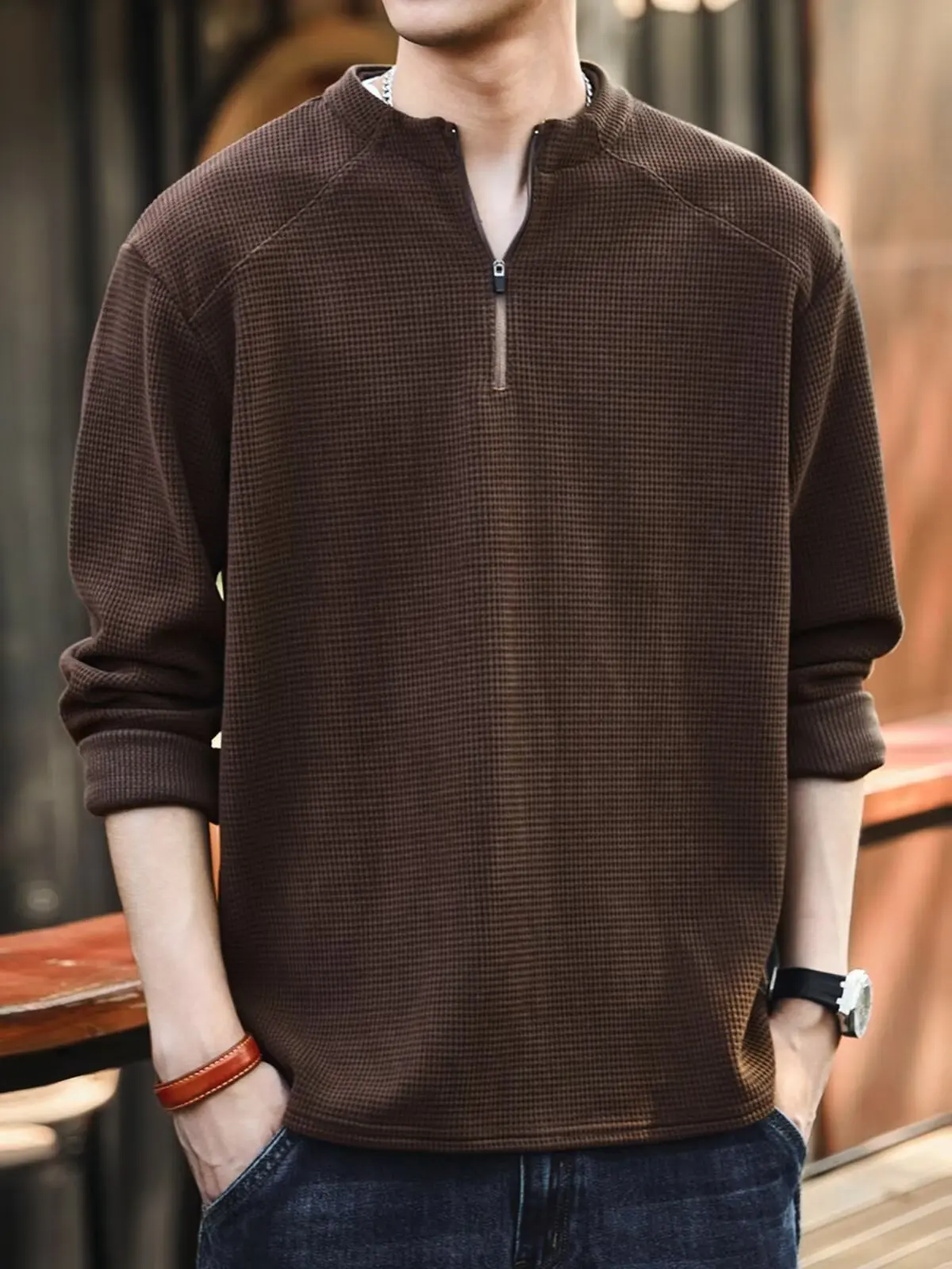 

Waffle half-zip sweatshirt men's autumn new American loose retro elastic men's jacket trendy