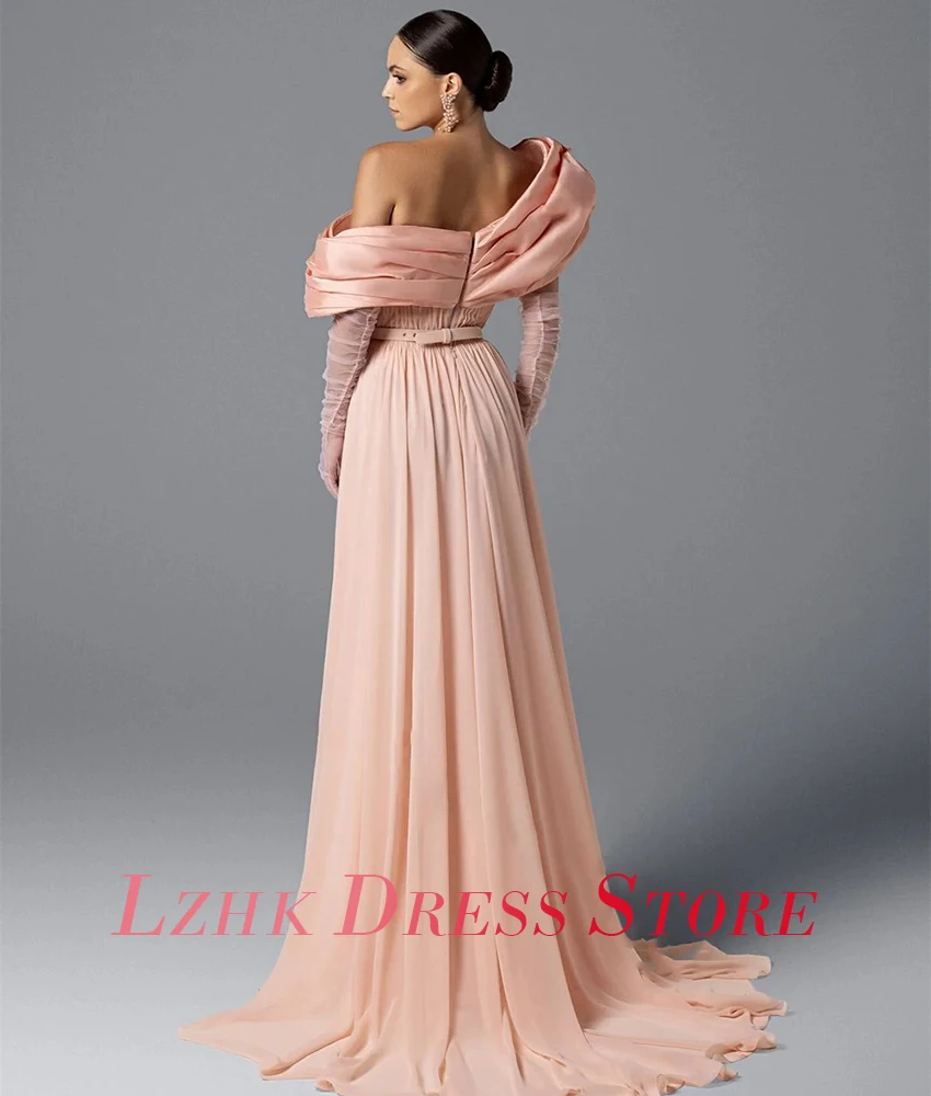 تخصيص رشيقة الشيفون ألف خط قبالة الكتف المتدرج حزام مساء اللباس حساسة طويلة الأكمام الطابق طول فساتين لحضور الحفلات الموسيقية