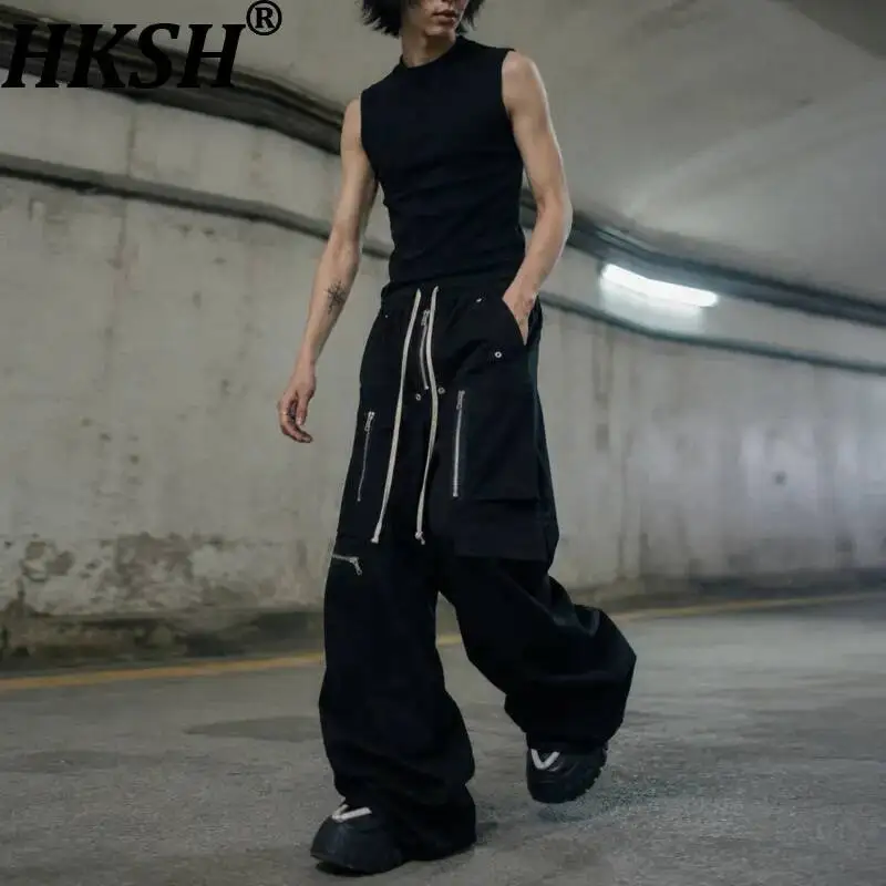HKSH Spring Autumn New Men Tide Chic Ins Drawstring Elastic Cargo Pants RO Unisex Wide-Leg Multi-Pocket Zippers Overalls HK25592