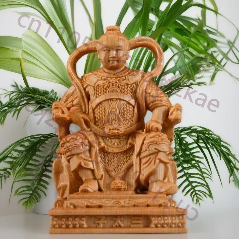 Wood Carving Marshal Nezha, Third Prince Figurine Chinese Mythological Figures Home Room Office Wealth Luck Feng Shui Decor