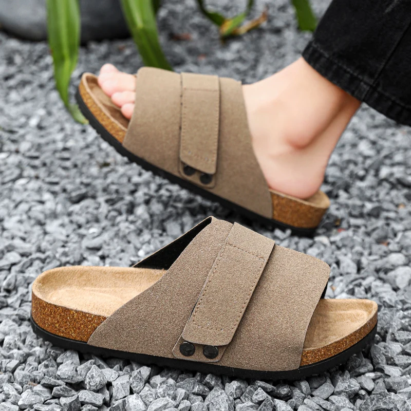 Boken slippers 2024 summer sandals, cork velvet Velcro, outdoor wearing beach flip flops, men's style