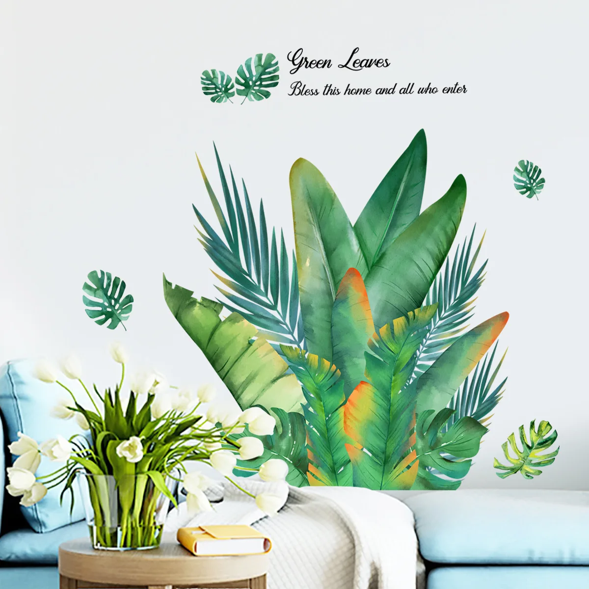 2pcs Plant Leaves English Green Plant Wall Sticker Backwall Living Room Bedroom Study Restaurant Decoration Mural Wall Sticker