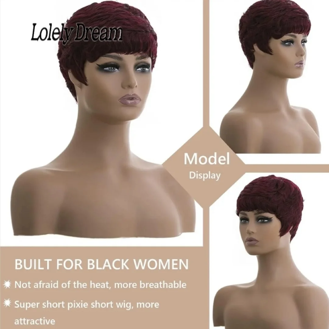 180 Density 99J Burgundy Colored Machine Made Wigs 100% Brazilian Remy Human Hair Wig Short Pixie Cut Wig For Black Women