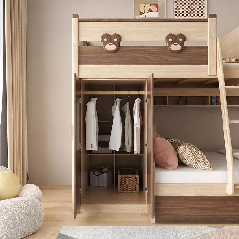 Double decker bed with wardrobe, solid wood mother bed for children