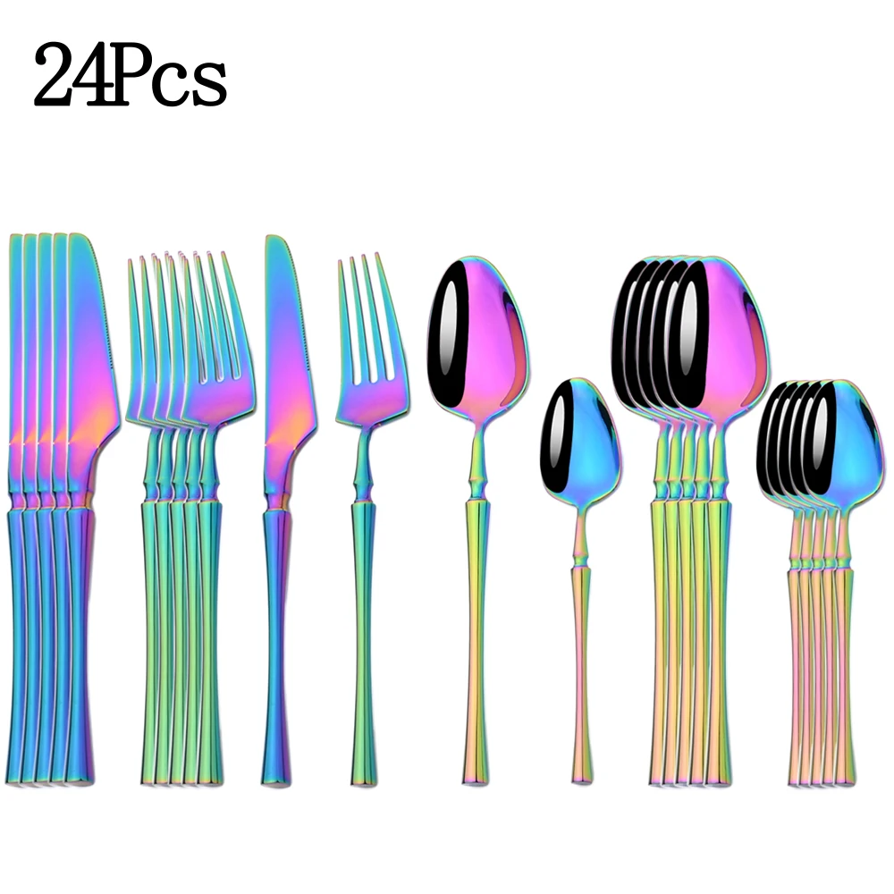 

24Pcs Luxury Cutlery Knives Forks Teaspoons Tableware Sets Stainless Steel Silverware Kitchen Flatware Mirror Tablespoons