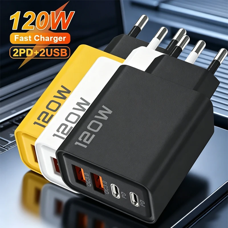 Quick Charge 3.0 Fast Charger Muti Total 120W 4 Port USB Type C PD Mobile Phone Wall Adapter for iPhone 16 Samsung S24 Xiaomi 15
