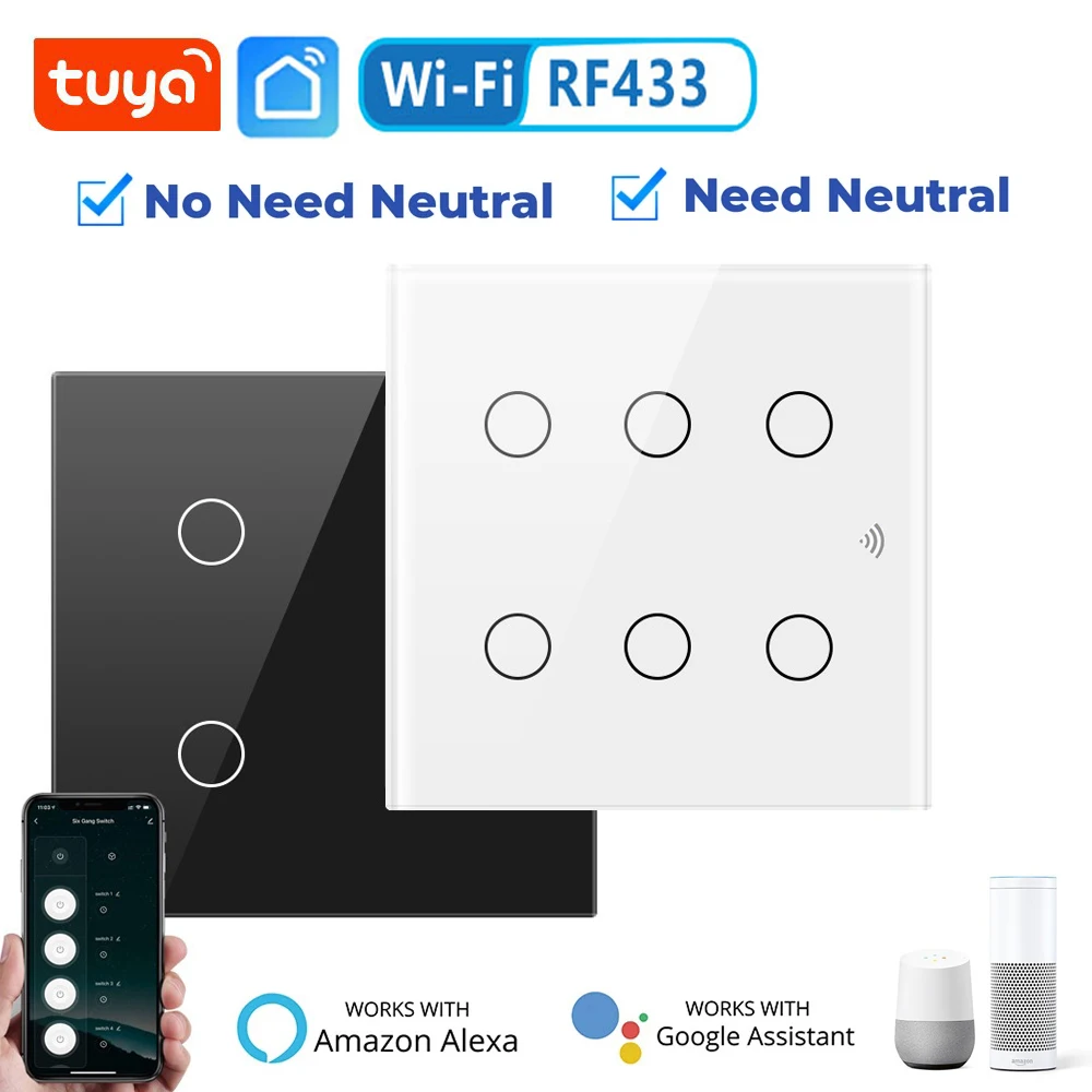 Tuya Smart WiFi Switch Brazil 4x4 Touch Light Switch 4/6 Gang No/ With Neutral Wire RF433 Control Light Switch Alexa Google Home