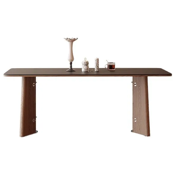 Mesa de comedor y silla rectangular de losa de roca de madera maciza retro francesa, combinación de patas de acero inoxidable de nogal negro para el hogar