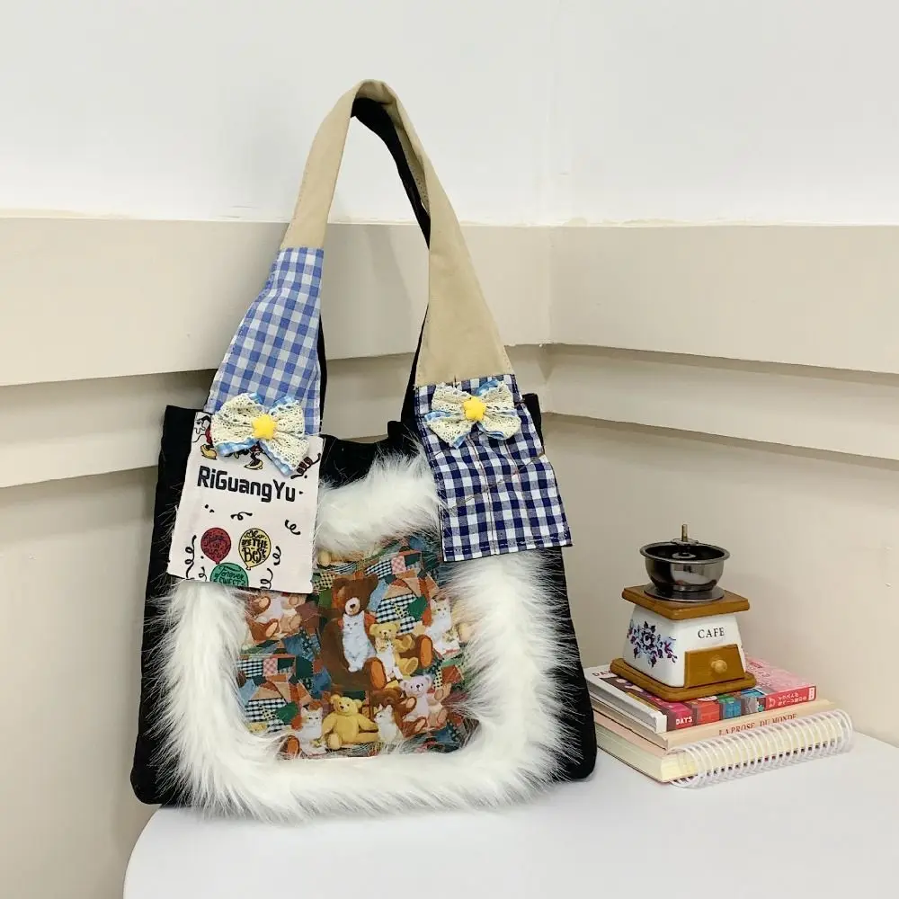 

Casual Japanese Style Y2k Shoulder Bag Retro Bear Pattern Vintage Plaid Handbag Fluffy Large Capacity Canvas Tote Bag Girls