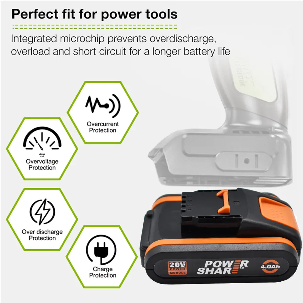 Worx 20V Lithium battery 4.0Ah Rechargeable WA3551 WA3553 WA3553.1 WA3570 for All WORX Electric and Garden Tools