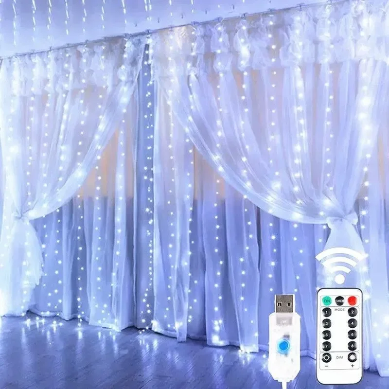 LED Fairy String Gordijn Lichten Kerstverlichting 8-modus Afstandsbediening USB Festoen Kerst Decor voor Thuis Vakantie Nieuwjaar Lamp