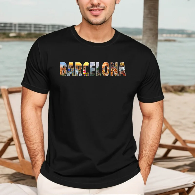 T-shirt solta da juventude, gola redonda, manga curta, algodão penteado, lembrança de Barcelona, camisetas espanholas, tops de aniversário