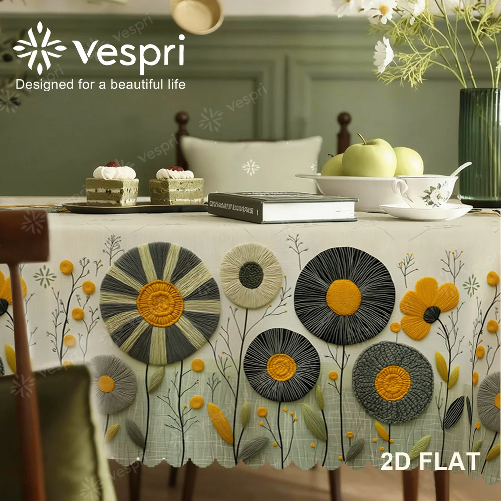Vespri wood-grain, marble tablecloth, white and yellow decorations, circular patterns and floral patterns