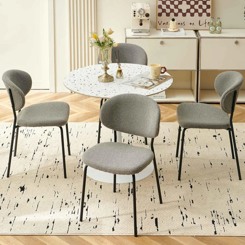 

Набор круглых обеденных стульев Grey Boucle из 4 шт., современные кухонные стулья для гостиной середины века с изогнутой спинкой, черные металлические ножки