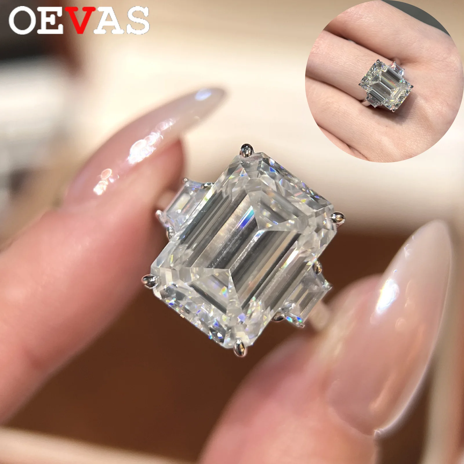 OEVAS 10*14mm 10ct Emerald Cut Moissanite Rings S925 Sterling Silver For Women Wedding Ring Lab Diamond Fine Jewelry Gift
