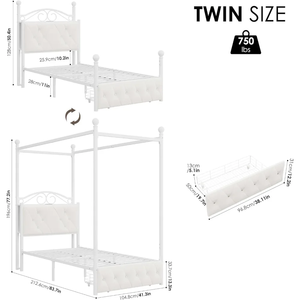 إطار سرير بمظلة منجد مزدوج من Keyluv مع درج ولوح رأسي للتخزين الكريستالي مع محطة شحن #2